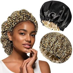img 4 attached to 🌙 TPPICK Silk Bonnet Satin Sleep Hair Bonnet: 2-Pack Double Layer Adjustable Women's Bonnet for Curly Hair Sleeping in Black & Leopard Print