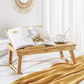 img 3 attached to 🍽️ SONGMICS Бамбуковый стол для ноутбука: столик для кровати с наклонной столешницей и ящиком - идеально подходит для завтраков и сервировки.