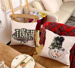 img 1 attached to 🎄 Beautifully Festive Christmas Pillow Covers Set of 4 - Buffalo Plaid Red and Green with Santa Gnomes, Snowman, Farm Tree Car - Rustic Linen Sofa Couch Holiday Decorations - 20x20 Throw Pillow Covers