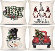 🎄 beautifully festive christmas pillow covers set of 4 - buffalo plaid red and green with santa gnomes, snowman, farm tree car - rustic linen sofa couch holiday decorations - 20x20 throw pillow covers logo