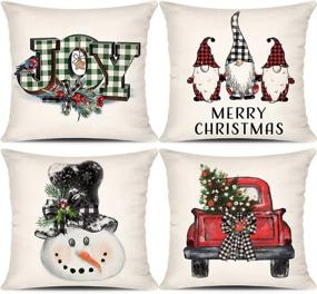img 4 attached to 🎄 Beautifully Festive Christmas Pillow Covers Set of 4 - Buffalo Plaid Red and Green with Santa Gnomes, Snowman, Farm Tree Car - Rustic Linen Sofa Couch Holiday Decorations - 20x20 Throw Pillow Covers