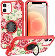 iphone 12 pro case rose floral design with ring holder kickstand screen protector 360 degree rotating (work with magnetic car mount) for women girls cute flower cover case for iphone 12/12 pro 6 logo