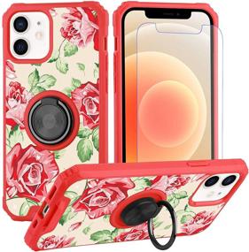 img 4 attached to IPhone 12 Pro Case Rose Floral Design With Ring Holder Kickstand Screen Protector 360 Degree Rotating (Work With Magnetic Car Mount) For Women Girls Cute Flower Cover Case For IPhone 12/12 Pro 6