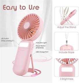 img 3 attached to 💨 Decorneo Portable Handheld Fan with Makeup Lights, Rechargeable Mini Fan Necklace, Silent 3 Speed USB Desk Fan with Stand - Small Hand Held Fan for Women Travel Outdoor Indoor, Pink