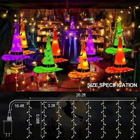 img 1 attached to 🎃 Halloween Decorations: 26ft LED Witch Hat Lights with 8 Glowing Large Witch Hats - Waterproof Timer, 8 Modes - Perfect for Outdoor Indoor Parties