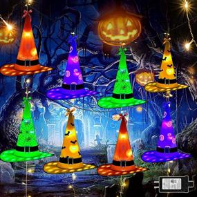 img 4 attached to 🎃 Halloween Decorations: 26ft LED Witch Hat Lights with 8 Glowing Large Witch Hats - Waterproof Timer, 8 Modes - Perfect for Outdoor Indoor Parties