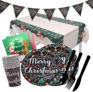 🎄 gxhong christmas party disposable dinnerware set | complete supplies for 10 guests - merry christmas banner, paper plates, napkins, cutlery, tablecloth | xmas party decor - 82 pcs logo