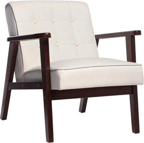 img 4 attached to 🪑 SONGMICS Mid-Century Modern Leisure Chair with Solid Wood Armrest and Feet, Beige - Ideal for Living Room, Bedroom, and Studio