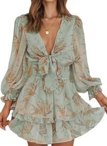 img 4 attached to Floral Print Mini Dresses for Women - Sexy Deep V Neckline with Tie Knot and Ruffle, Long Sleeve