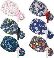 floral printed adjustable bouffant hats for women 🌸 - 6-piece set with buttons, ponytail holder, and pouch logo