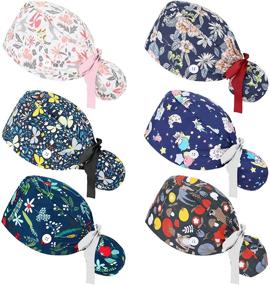 img 4 attached to Floral Printed Adjustable Bouffant Hats for Women 🌸 - 6-Piece Set with Buttons, Ponytail Holder, and Pouch