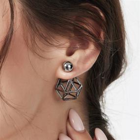 img 2 attached to Geometric Double Sided Earrings - Gun Black Color, Front & Back Studs, Hollow Out Design for Women & Girls, Piercing Jewelry