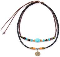 🌿 hemp leather necklace with adjustable size, coin choker, turquoise beads, and bohemian multilayer style - unisex jewelry logo