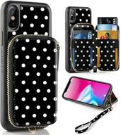 📱 zve apple iphone xs/x zipper wallet case - leather shockproof cover with credit card slot, polka dot design logo