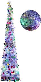 img 4 attached to Искусственная рождественская елка Orgrimmar 5FT Tinsel Coastal Pencil Tree с 100-ламповыми светодиодными огнями разных цветов - праздничное украшение для дома и вечеринок (многоцветная)