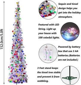 img 3 attached to Искусственная рождественская елка Orgrimmar 5FT Tinsel Coastal Pencil Tree с 100-ламповыми светодиодными огнями разных цветов - праздничное украшение для дома и вечеринок (многоцветная)