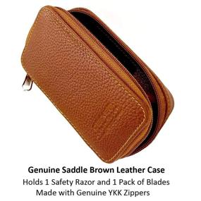 img 1 attached to 🧳 Parker Safety Razor SADDLE BROWN Genuine Leather Zippered Travel Case with Compartment - Ideal for Double Edge Safety Razors and Blades