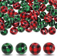 🎄 100 count 16mm christmas buffalo plaid wooden beads - plaid print wood beads for natural farmhouse decor - colorful polished spacer beads for diy crafts and handmade home decoration logo