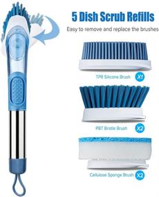 img 3 attached to 🧽 Dish Scrub Brush with Soap Dispenser for Kitchen | Scotch Brite Sponges for Dishes | Dish Scrubber with Handle for Sink | Cups, Bowls, Pots | Cleaning Sponge Dishwand Refill Set | 5 Replacement Heads (Blue)