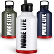 64 oz insulated water bottle more life – vacuum sports water bottle - modern hot cold flask bpa free half gallon metal water jug - includes 2 hydro thermal lids with straw & shoulder carry strap - light grey logo