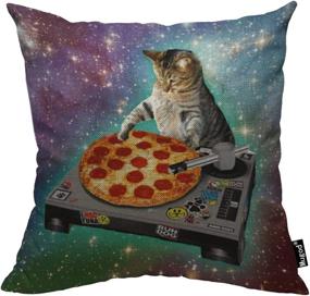 img 4 attached to 🍕 Mugod Pizza Cat Decorative Throw Pillow Cover Case: Hipster Cool Cat Galaxy Sparkling Stars Design for Couch Sofa Bed - 18x18 Inch, Cotton Linen Square Standard Cushion Covers