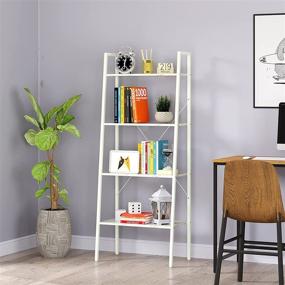 img 3 attached to Function Home 4-Tier Ladder Bookshelf: Contemporary Leaning Bookcase in White - Easy Assembly, Wood and Metal Etagere for Living Room & Office