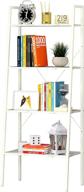 function home 4-tier ladder bookshelf: contemporary leaning bookcase in white - easy assembly, wood and metal etagere for living room & office logo