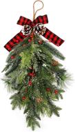 🎄 deck the halls with funarty's 18 inch christmas swag pine garland teardrop hanging – festive artificial wreath with ribbon bow, red berries & holiday wall door lintel décor logo