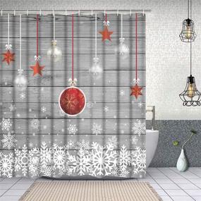 img 3 attached to 🎅 Ikfashoni 4-Piece Christmas Bathroom Set: Grey Vintage Wooden Shower Curtain with Non-Slip Rugs, Toilet Lid Cover, Bath Mat, and 12 Hooks. Xmas Snowflake Design for Optimal Festive Vibe