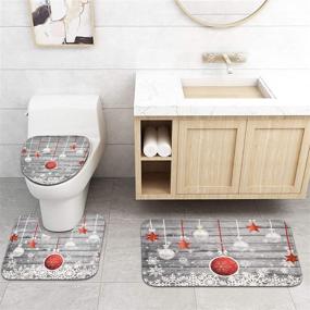 img 2 attached to 🎅 Ikfashoni 4-Piece Christmas Bathroom Set: Grey Vintage Wooden Shower Curtain with Non-Slip Rugs, Toilet Lid Cover, Bath Mat, and 12 Hooks. Xmas Snowflake Design for Optimal Festive Vibe