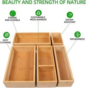 img 3 attached to 🗄️ Bamboo Drawer Organizer Boxes - 5 Piece Set of Luxury Wooden Desk Storage Bins with Removable Dividers for Kitchen, Bathroom, Office Desk, Makeup, Jewelry - Multi-use Storage Solution