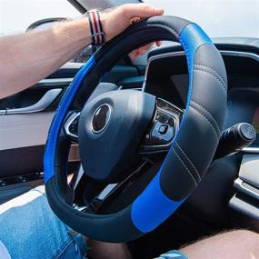 img 1 attached to 🚗 Улучшите свой опыт вождения с универсальной кожаной обложкой CAR PASS Line Rider для рулевого колеса в черно-синем цвете