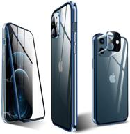 📱 kumwum full body magnetic case for iphone 12 mini with front and back tempered glass, aluminum bumper, double-sided clear cover, & built-in camera lens protector in blue and silver logo