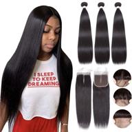 💇 8a unprocessed brazilian straight human hair bundles with closure (22 24 26+20 inch) - free part, natural black virgin hair bundles with 4×4 lace closure included logo