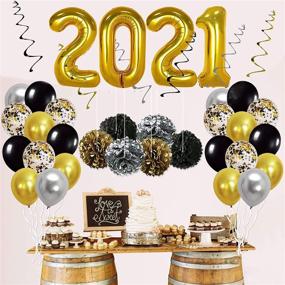 img 4 attached to 62 Pack Black Gold Silver Graduation Balloons with Confetti, PomPoms, Swirls, and 40inch 2021 Foil Balloons - Perfect Decorations for Graduation Party