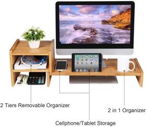 img 3 attached to 📺 SONGMICS Bamboo Monitor Stand Riser with 2-Tier Desktop Storage Organizer - ULLD217