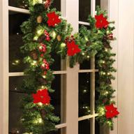 🎄 hausse 9 ft lighted pre-lit christmas garland with poinsettia ornaments - indoor/outdoor xmas decor, greenery with timer-controlled led lights logo