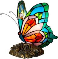 fumat led bedside table lamp with e26 bulb - tiffany blue fairy stained glass shade, on/off switch desk lamp, butterfly night light... логотип