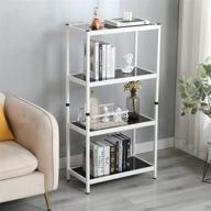 modern 4-tier white bookshelf: joe eagle nikki glass, open shelf organizer for living room, office, kitchen, balcony – easy assembly, stylish black tempered glass logo