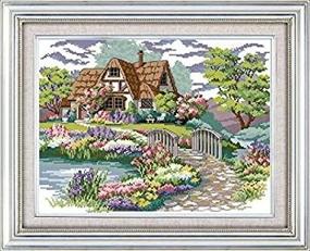 img 1 attached to 🏠 Happy Forever Cross Stitch Kits 11CT Stamped Patterns for Kids and Adults, Preprinted Embroidery Kit for Beginners, Scenic View and Landscape - F027 Dream House 1, Size 19x15 inches