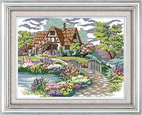 img 2 attached to 🏠 Happy Forever Cross Stitch Kits 11CT Stamped Patterns for Kids and Adults, Preprinted Embroidery Kit for Beginners, Scenic View and Landscape - F027 Dream House 1, Size 19x15 inches