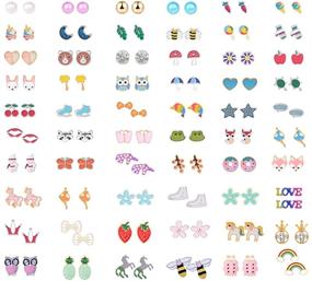 img 1 attached to 🌈 Colorful Flower Animal Bee Rainbow Cute Earrings Set - 60 Pairs Stud Earrings Pack for Girls, Fashionable Jewelry Set