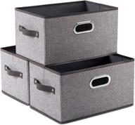 📦 prandom large foldable storage bins for shelves [3-pack] - decorative linen fabric baskets with leather/metal handles - closet nursery office grey and black trim - 14.9x9.8x8.3 inch logo