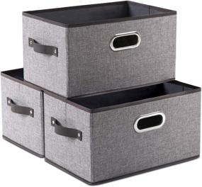 img 4 attached to 📦 PRANDOM Large Foldable Storage Bins for Shelves [3-Pack] - Decorative Linen Fabric Baskets with Leather/Metal Handles - Closet Nursery Office Grey and Black Trim - 14.9x9.8x8.3 Inch