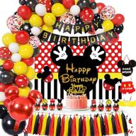mickey themed mouse party supplies essentials - backdrop, welcome hanger, banner, topper, tassel, tablecloth, balloons garland arch - perfect for mickey birthday party decorations logo