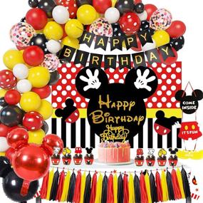 img 4 attached to Mickey Themed Mouse Party Supplies Essentials - Backdrop, Welcome Hanger, Banner, Topper, Tassel, Tablecloth, Balloons Garland Arch - Perfect for Mickey Birthday Party Decorations