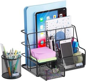 img 4 attached to Mesh Desk Organizers and Accessories Set - Black Desktop Organizer with Pen Holder and Paper File Organizer for Effective Desk Organization. Stylish Office Supplies Storage for Kids and Adults