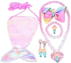 img 4 attached to 👑 GOEXPLAK 6-piece Princess Dress Up Game Jewelry Gift Box Set - Sparkly Mermaid Tail Coin Purse Necklace Bracelet Ring Pearl Earrings - Perfect Gifts for Girls (Pink Mermaid)