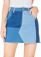 curlbeauty women's summer bodycon denim skirts: short contrast color patchwork high-waisted jean skirt with distressed details logo