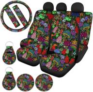 🍄 huiacong rainbow mushroom car seat covers for women - complete set with steering wheel cover + seat belt strap cover + cup coasters + auto keychains + front/back seat protector logo